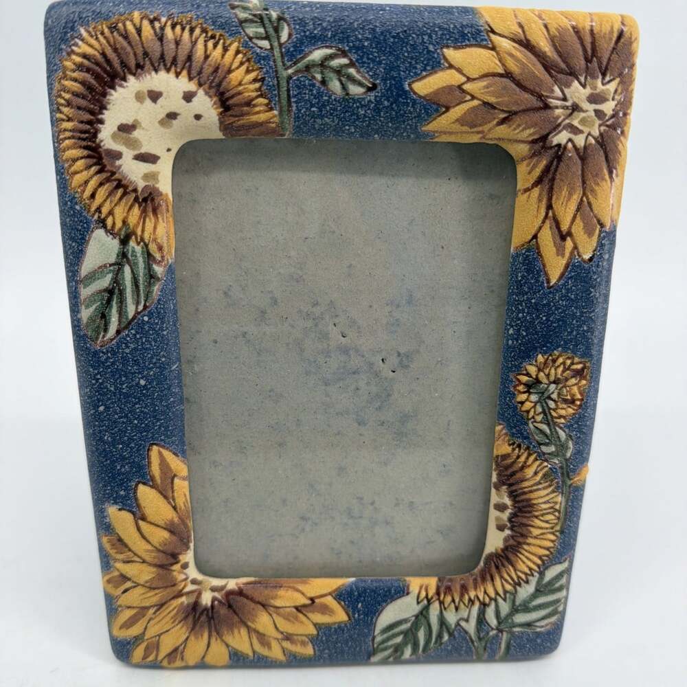 Kiln Porcelain Photo Frame Blue With Etched Sunflowers 4x6 Kiln 90s Frame